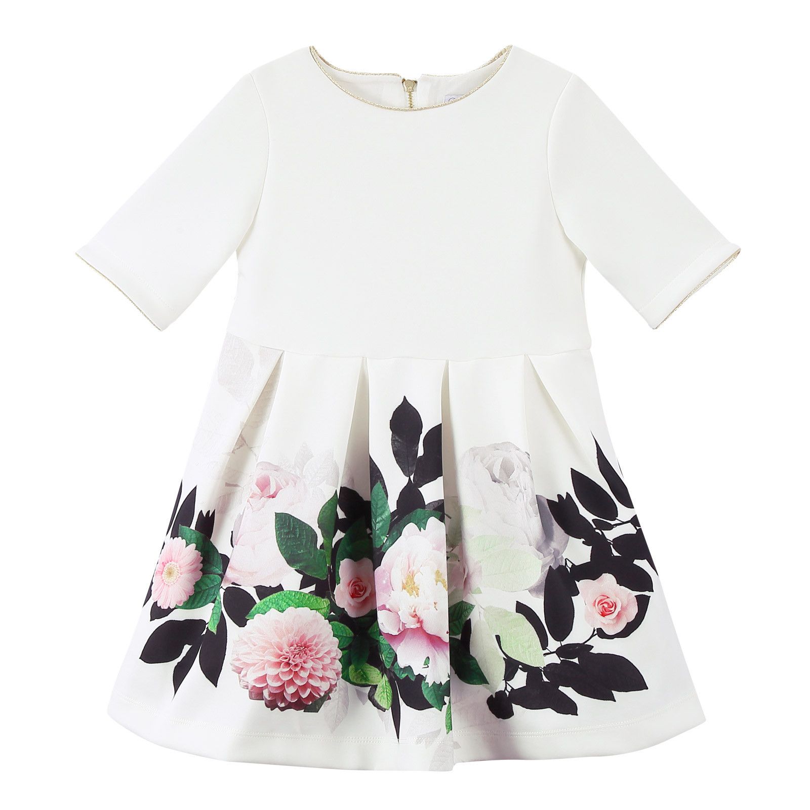 Girls White Dress With Flower Print Skirt - CÉMAROSE | Children's Fashion Store - 1