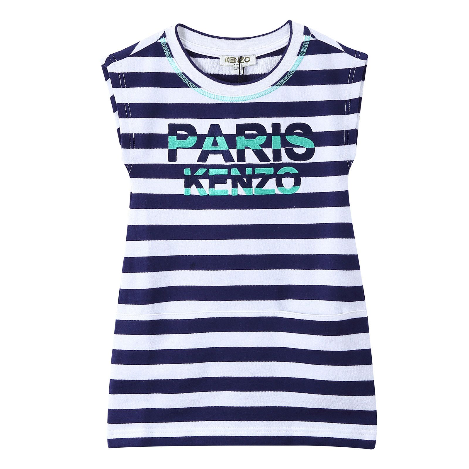 Girls White Cotton Dress With Navy Blue Striped - CÉMAROSE | Children's Fashion Store - 1