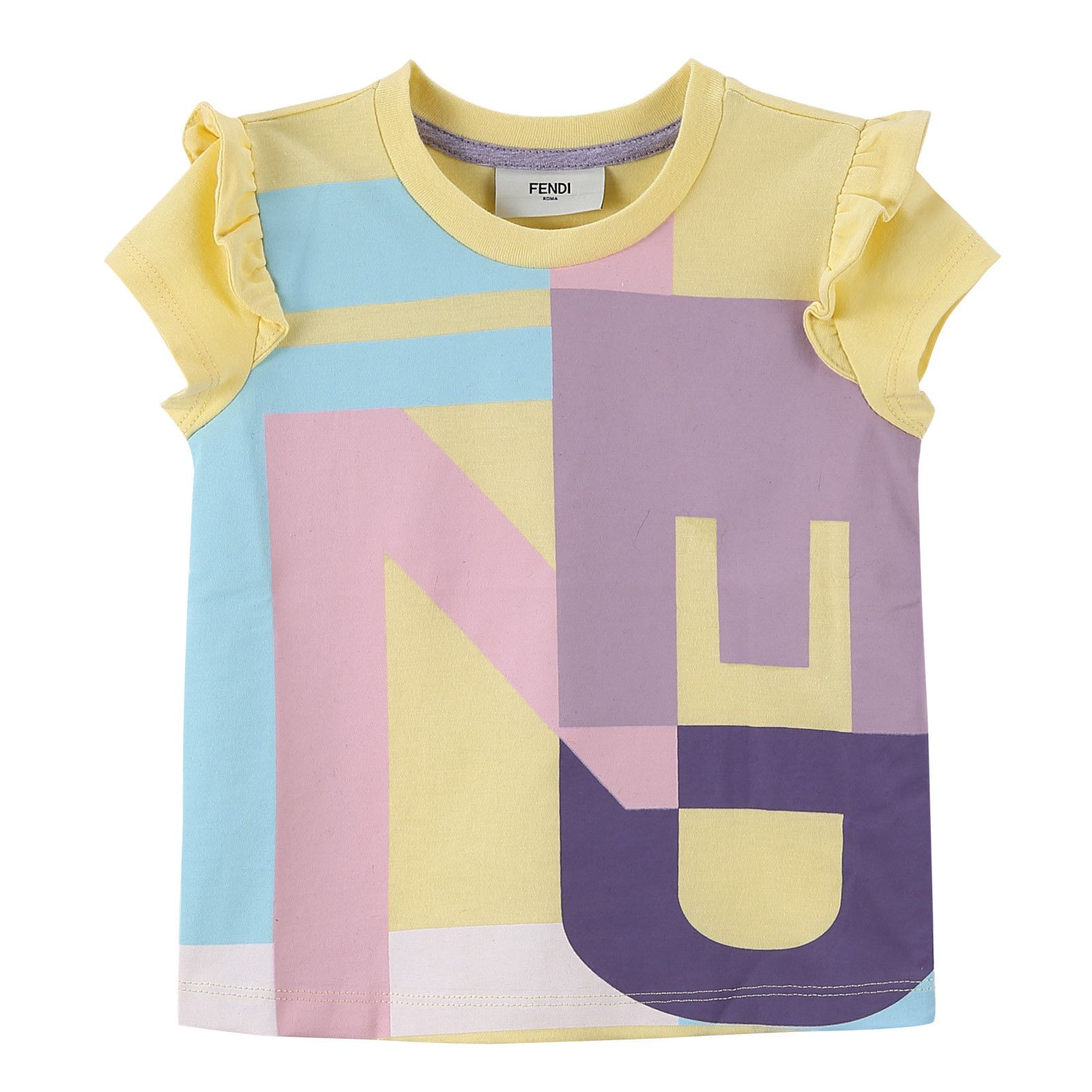 Girls Multicolour Cotton T-Shirt With Yellow Frilly Cuffs - CÉMAROSE | Children's Fashion Store - 1