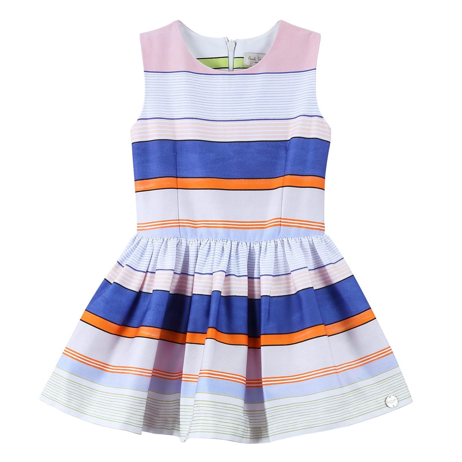 Girls White Pleated Hem Dress With Colorful Stripe - CÉMAROSE | Children's Fashion Store - 1