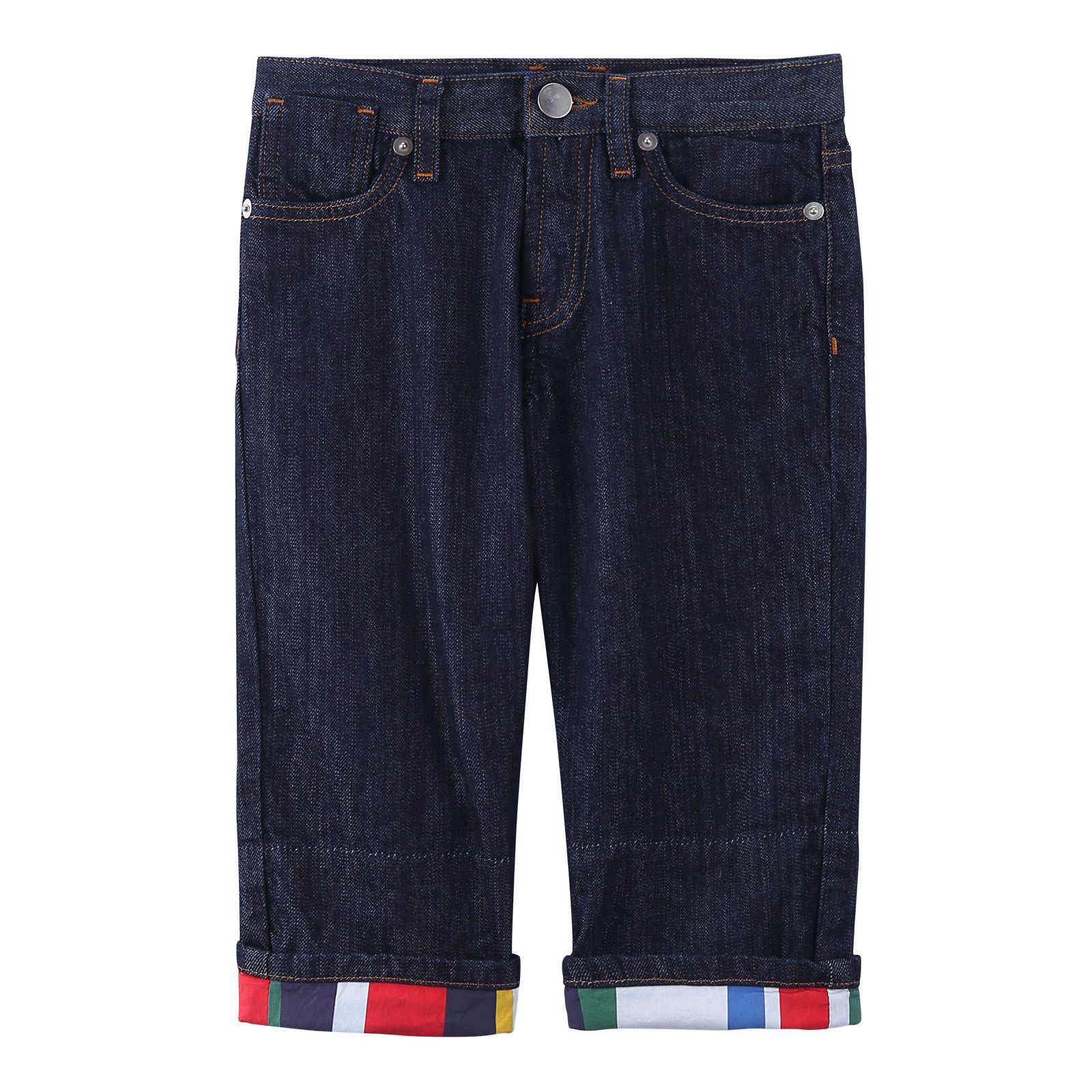 Girls Navy Blue Cotton Jeans With Multicolor Turn Up Cuffs - CÉMAROSE | Children's Fashion Store - 1