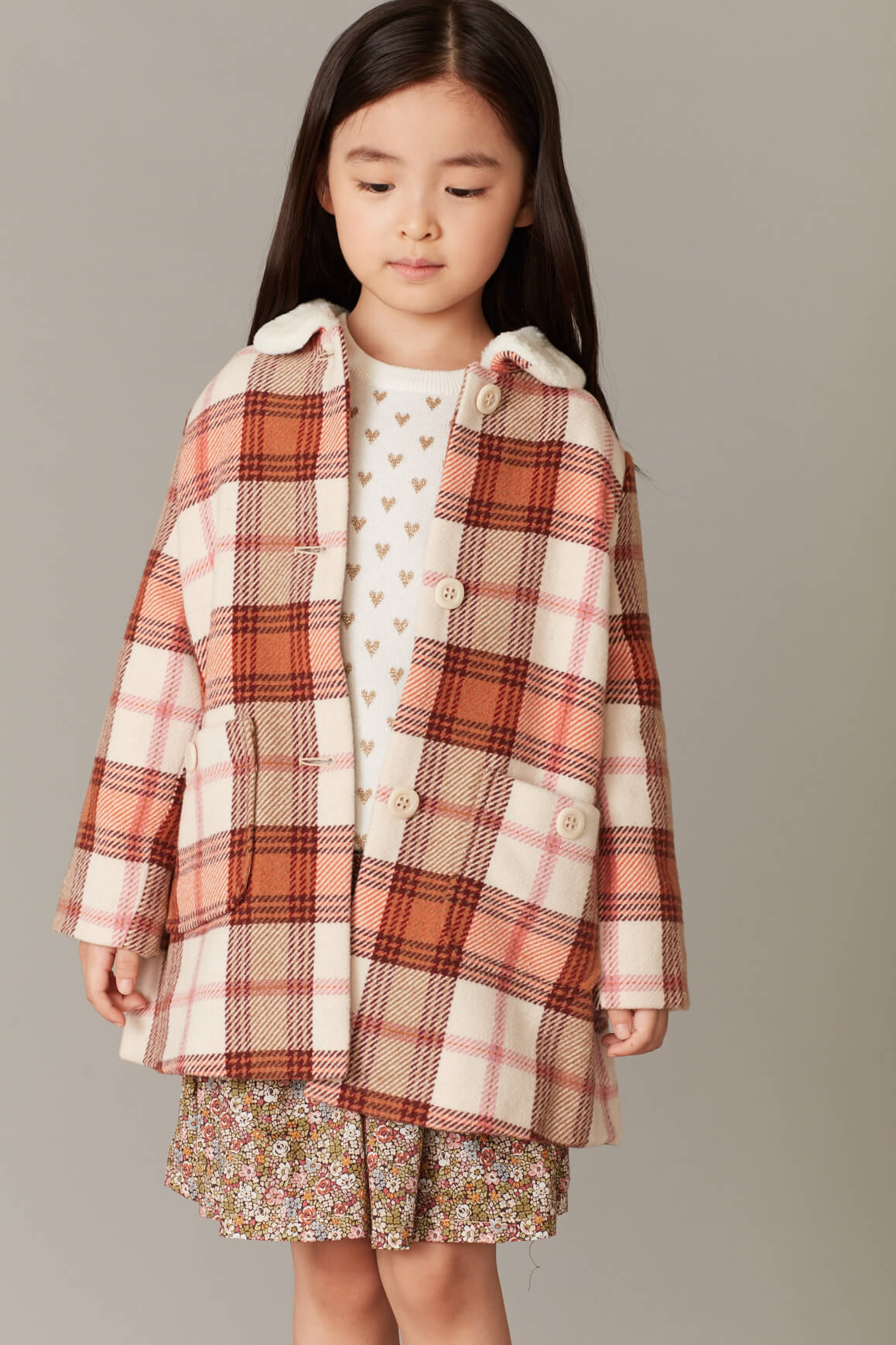 Girls Rose Check Wool Coat