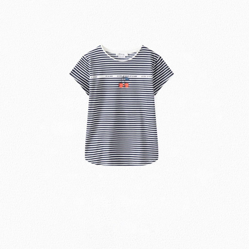 Girls Navy Stripe Logo Cotton T-Shirt