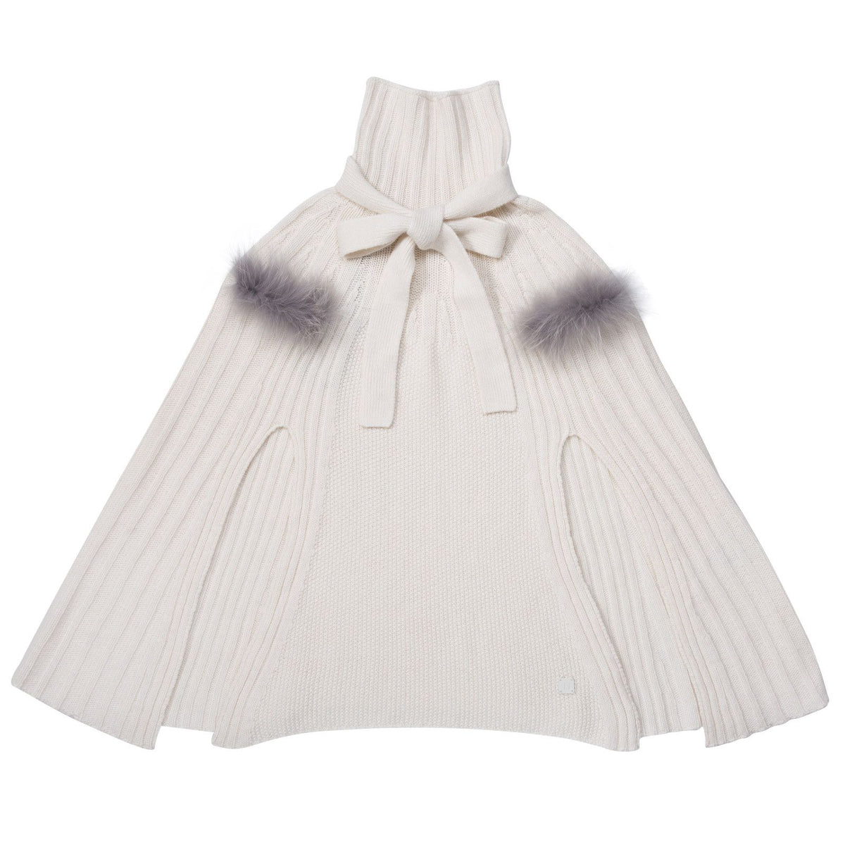 Girls Ivory Knitted Poncho With Fur Trims - CÉMAROSE | Children's Fashion Store - 3