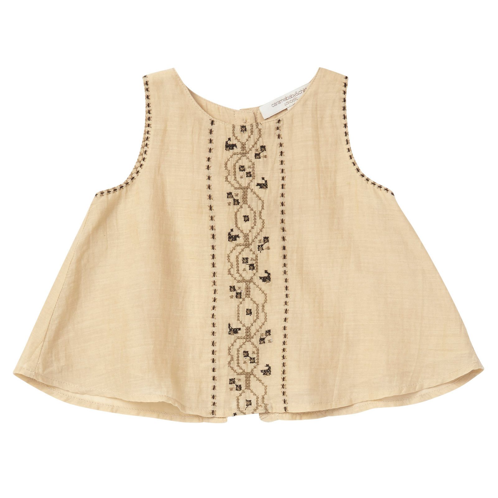 Baby Girls Beige Sleeveless Blouse With Khaki Embroidered Trims - CÉMAROSE | Children's Fashion Store