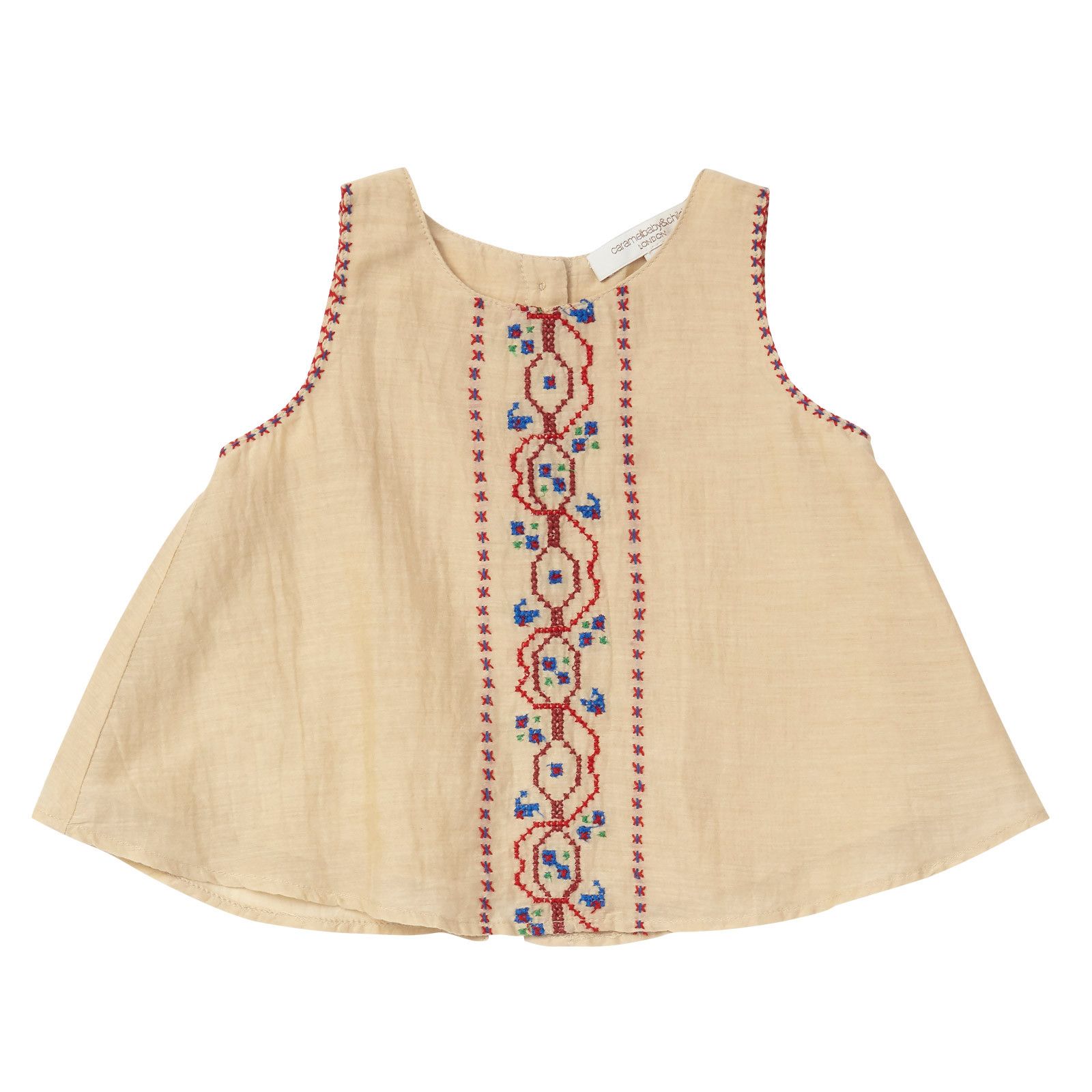 Baby Girls Beige Sleeveless Blouse With Red Embroidered Trims - CÉMAROSE | Children's Fashion Store