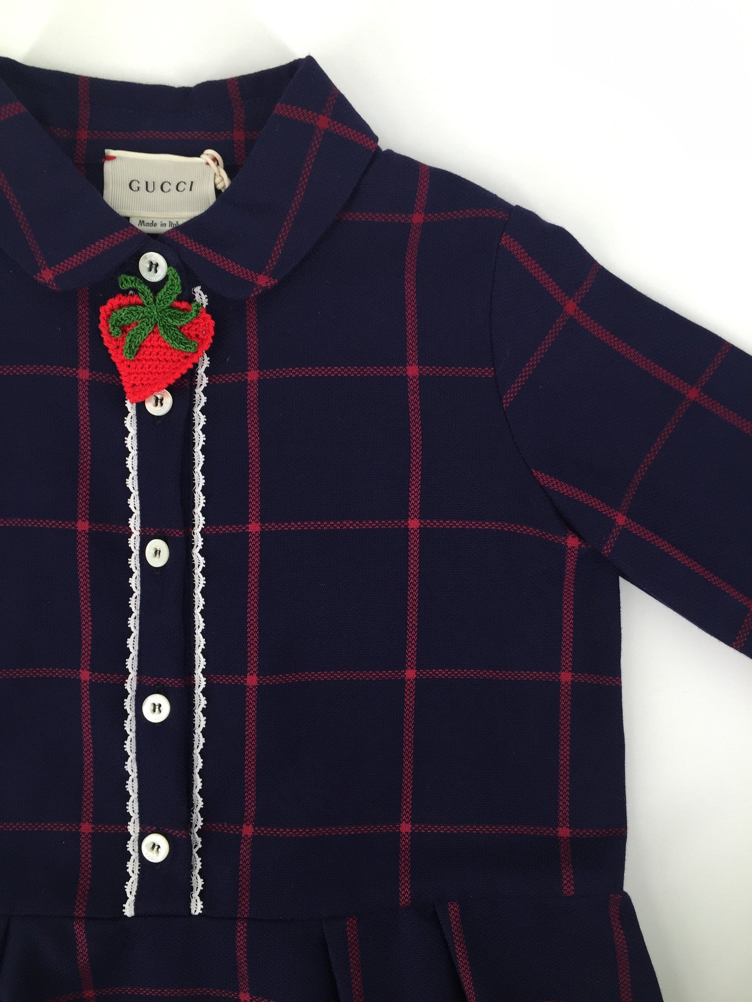 Girls Navy Blue Check Cotton Dress With Patch Strawberry Trims - CÉMAROSE | Children's Fashion Store - 4