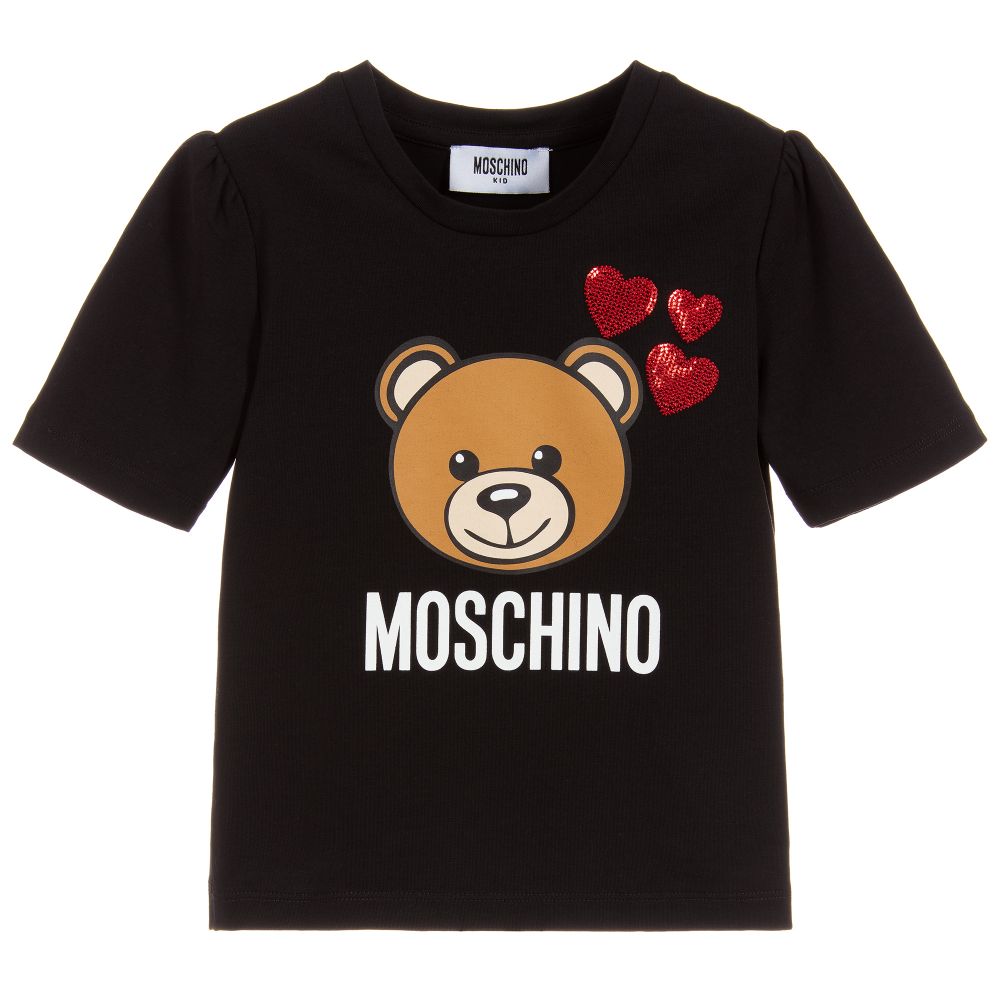 Girls Black Teddy Cotton T-Shirt