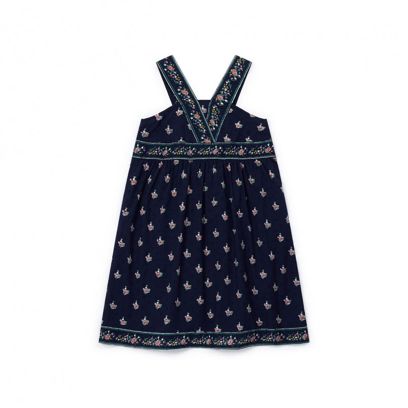 Girls Dark Blue Mexican Print Cotton Dress