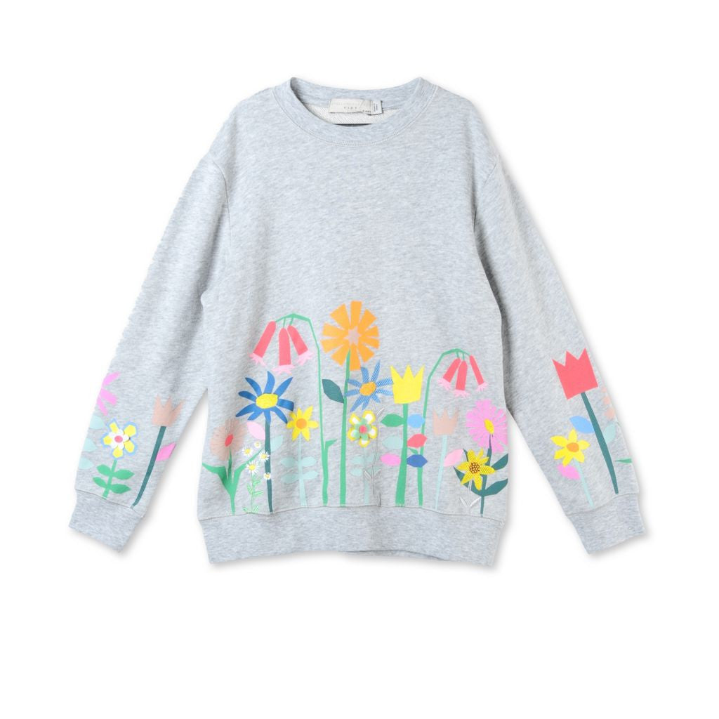 Girls Grey Graphic Flowers Betty Sweatshirt - CÉMAROSE | Children's Fashion Store - 1