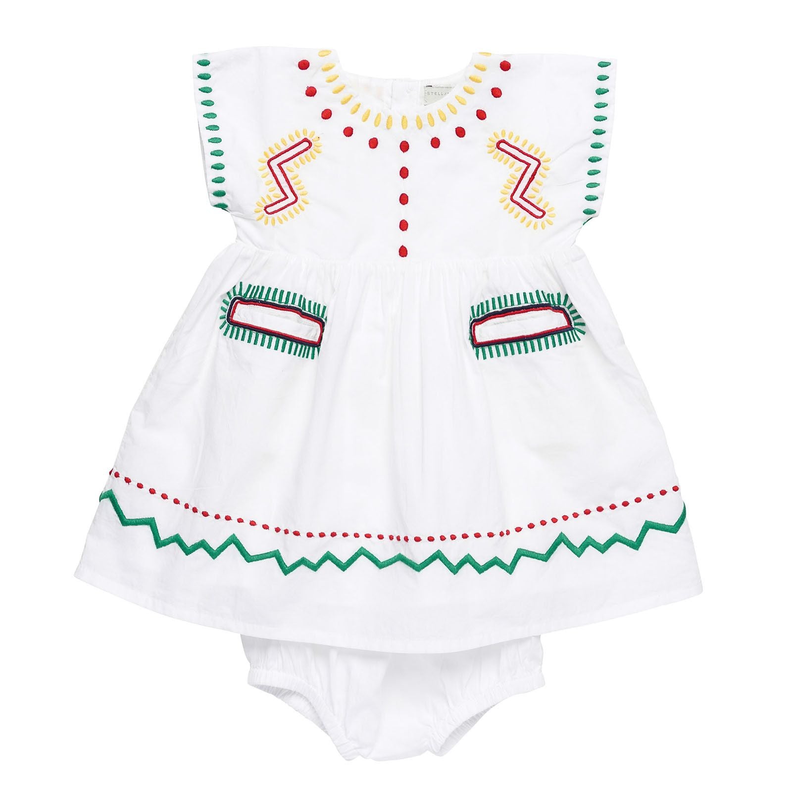 Baby Girls White Cotton Zig Zag Embroidered Trims Dress With Bloomres - CÉMAROSE | Children's Fashion Store