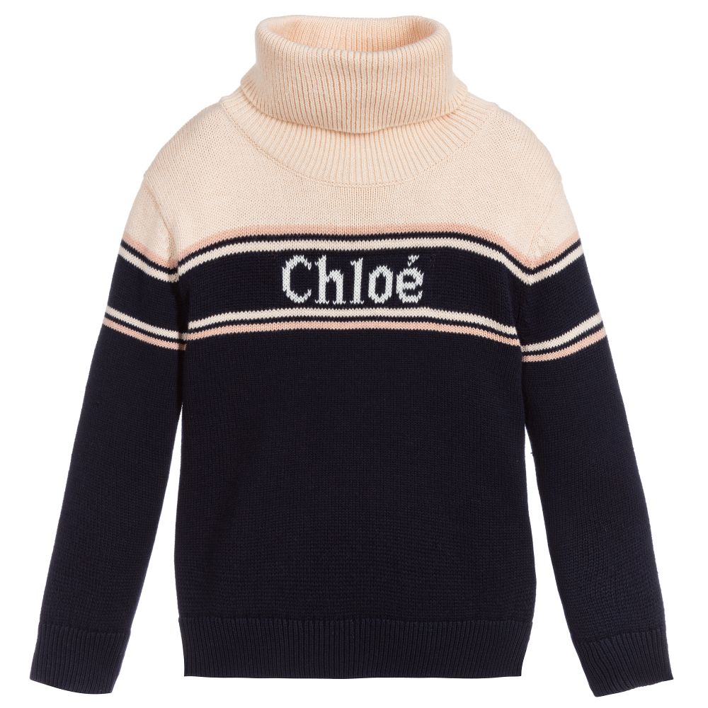 Girls Blue Turtleneck Logo Cotton Sweater