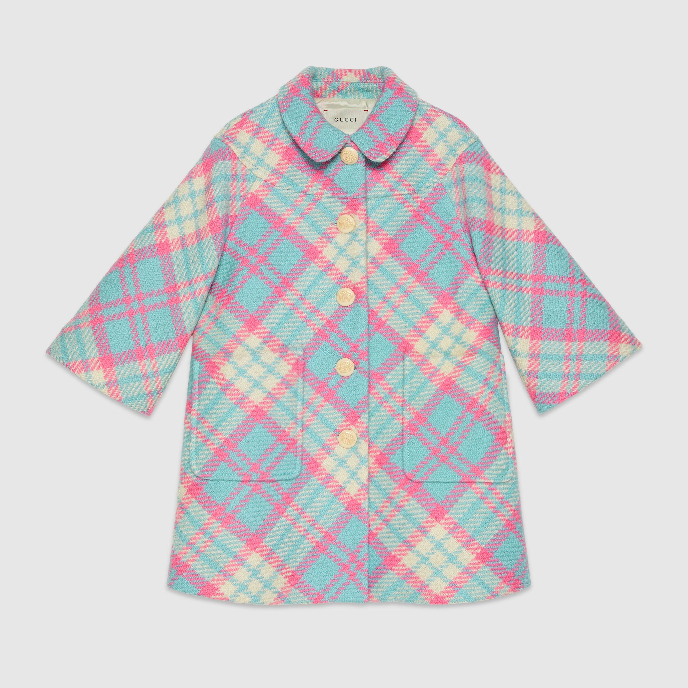 Girls Pink & Light Blue Check Wool Coat