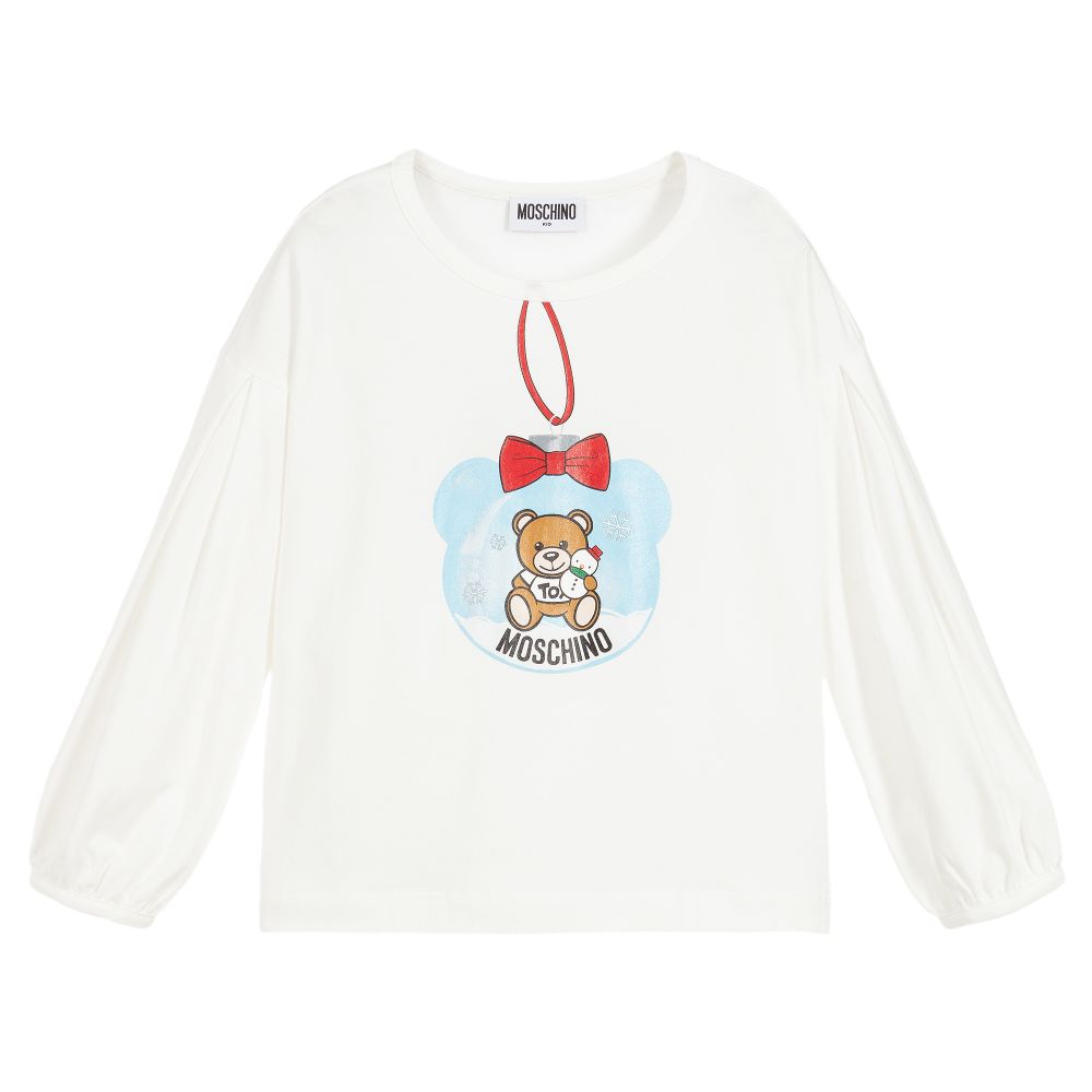 Girls White Logo Long Sleeves Cotton T-shirt