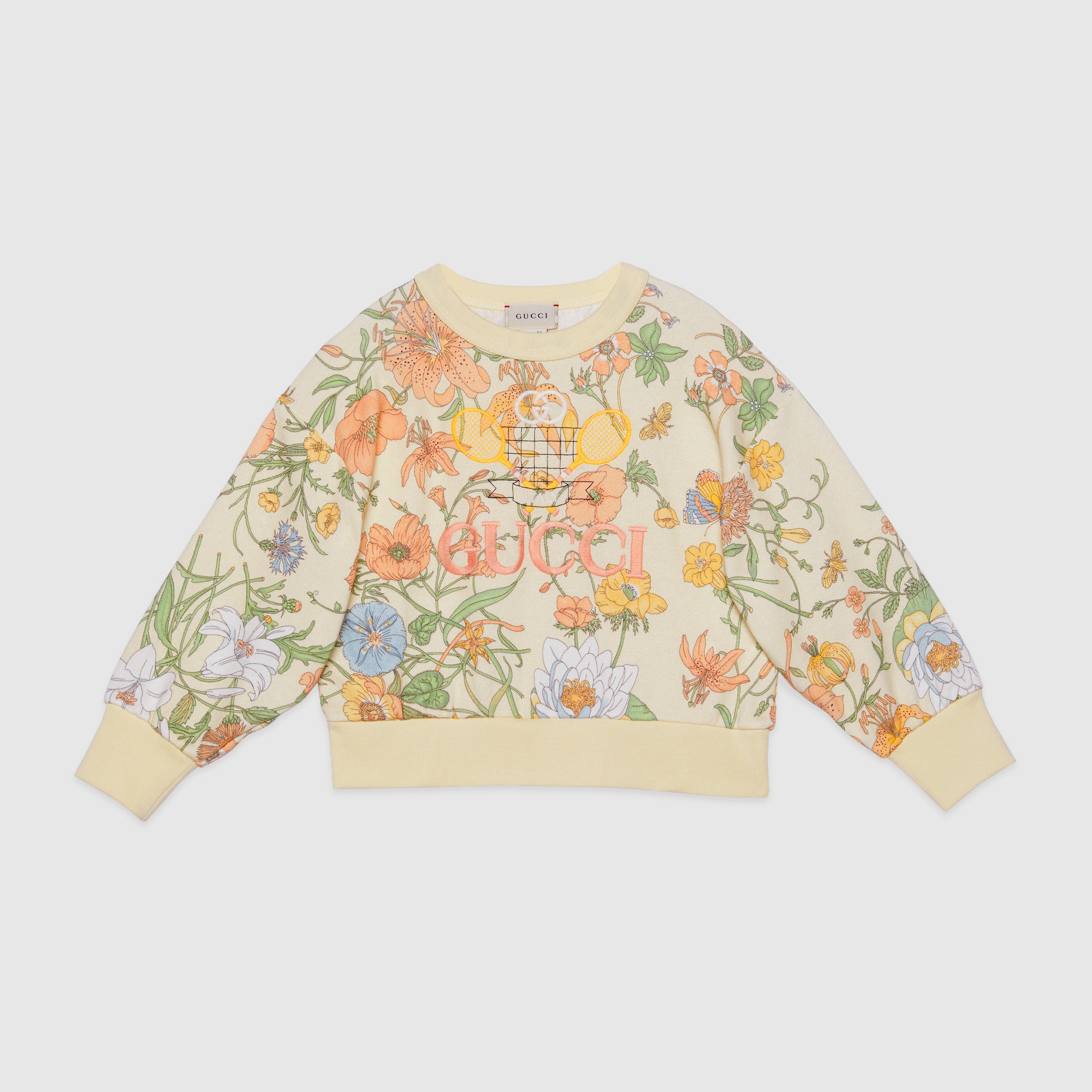 Girls Light Yellow Floral Cotton Sweatshirt