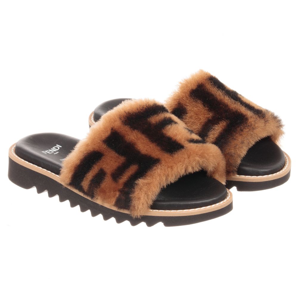 Girls Brown FF Sheepskin Sliders