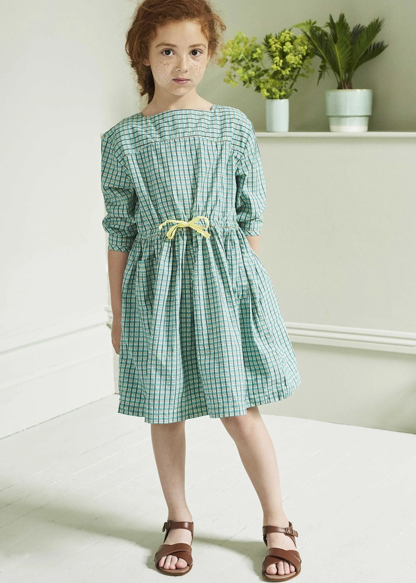Girls Green Check Cotton Dress