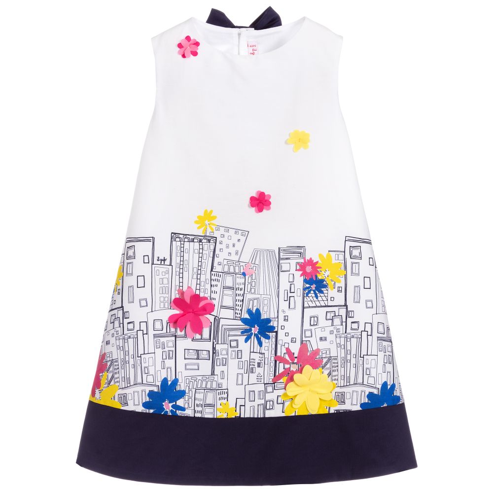 Girls White & Blue Cotton Dress