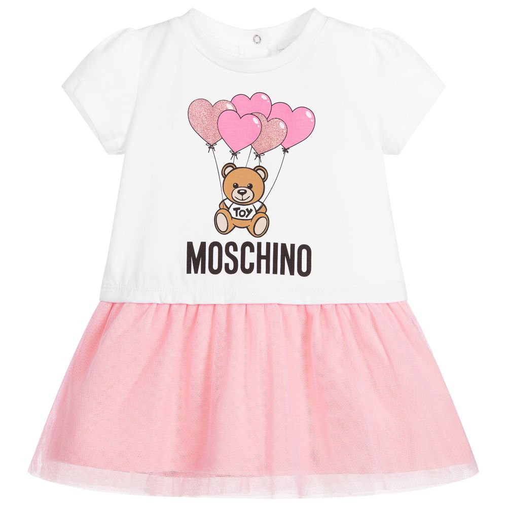 Baby Girls White & Pink Logo Cotton Dress