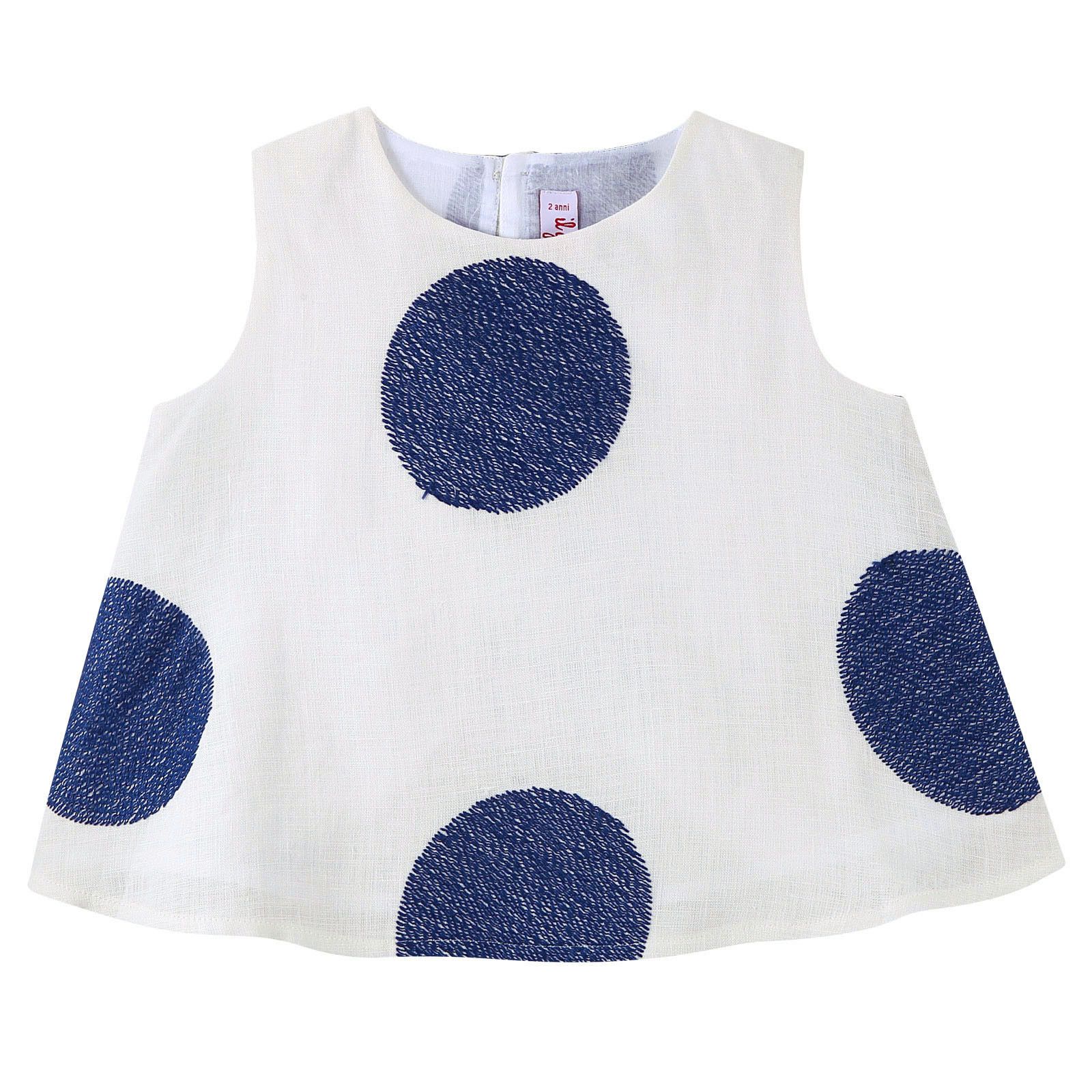 Girls White Linen Sleeveless Blouse With Blue embroidered Trims - CÉMAROSE | Children's Fashion Store - 1