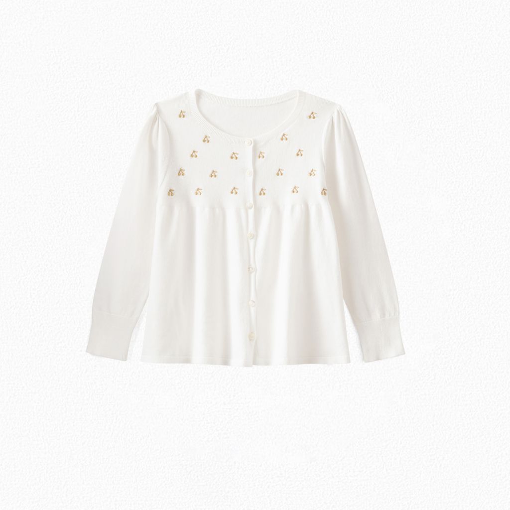 Girls White Cherry Cotton Cardigan