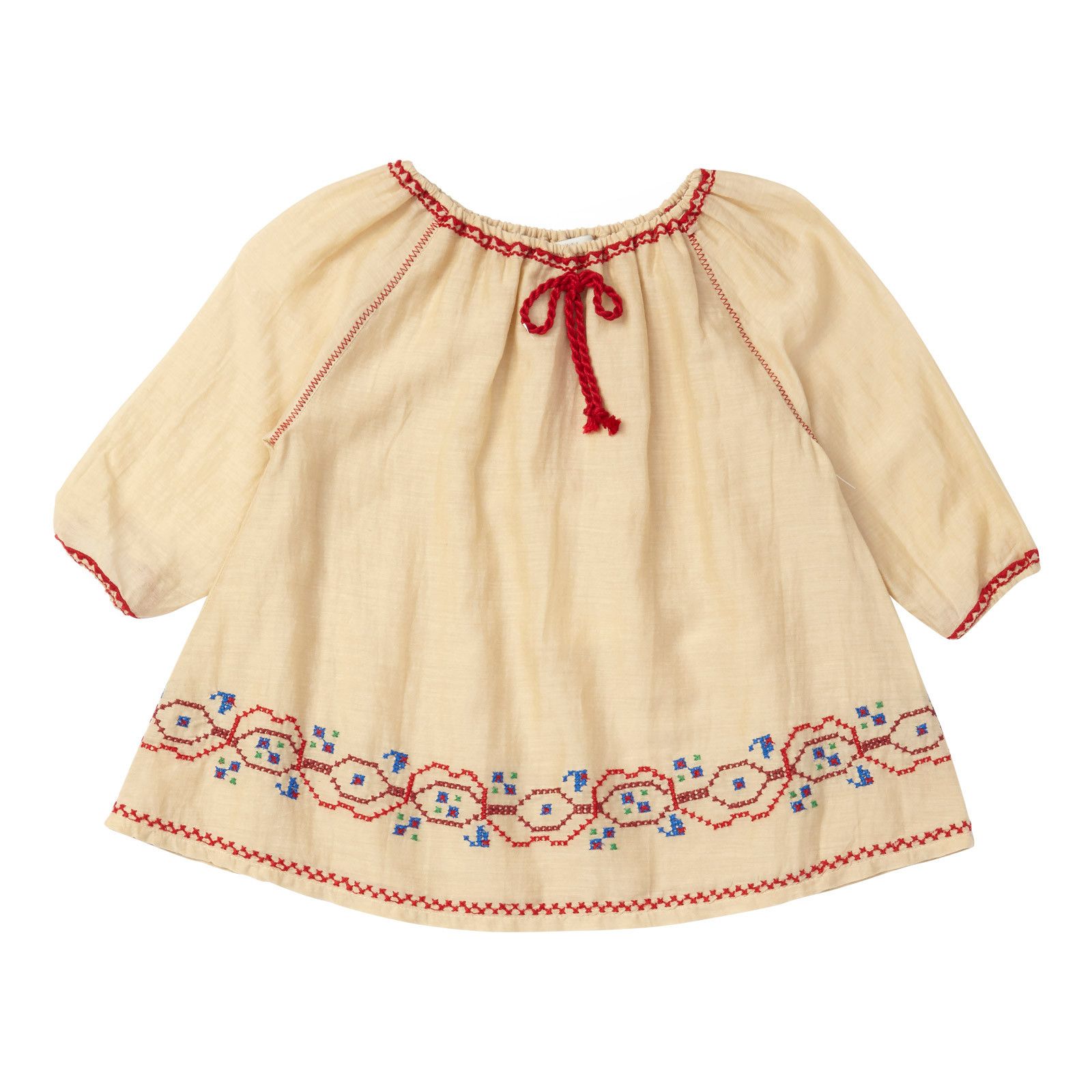Baby Girls Beige Dress With Red Embroidered Trims - CÉMAROSE | Children's Fashion Store