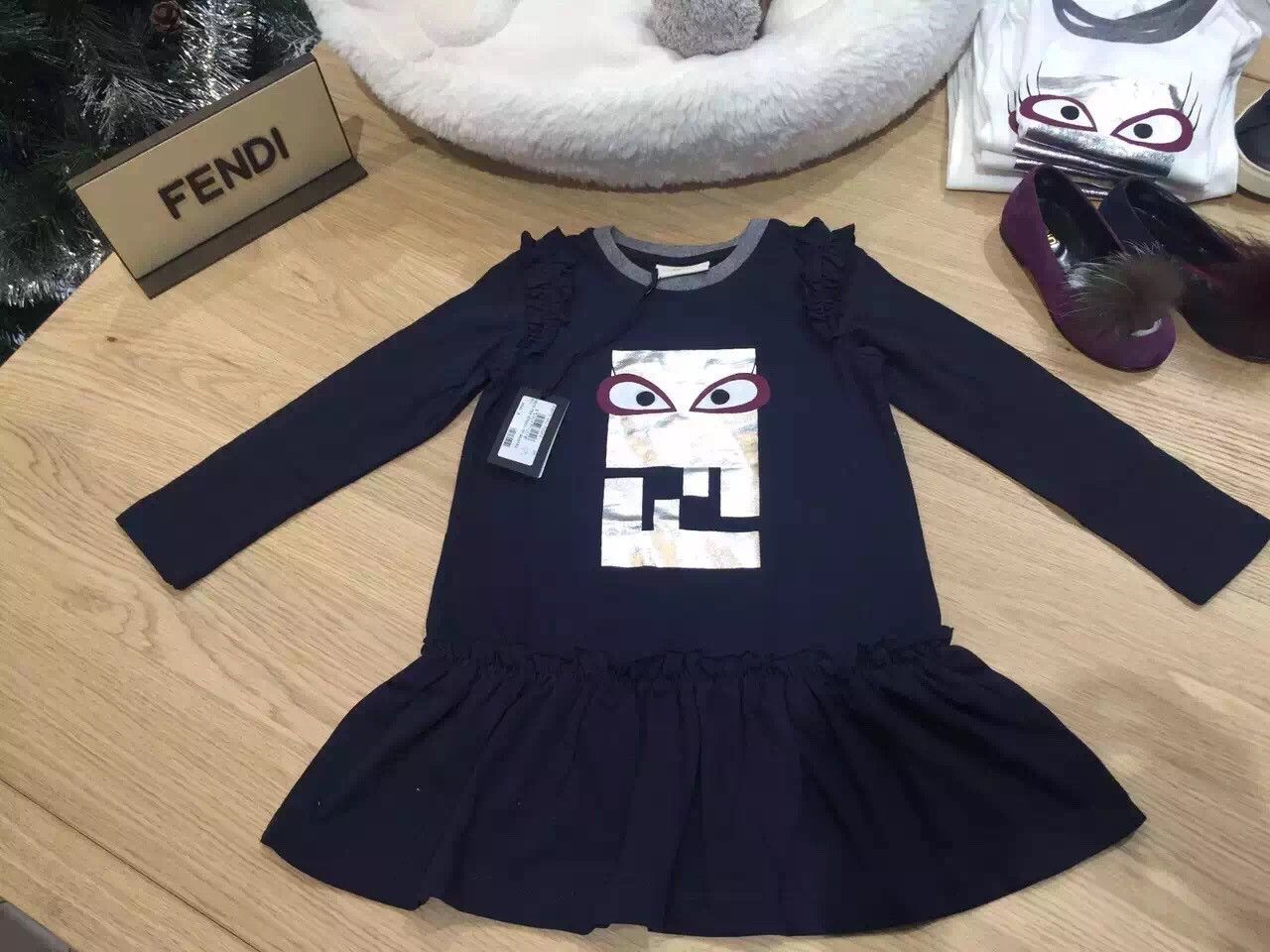 Girls Blue Cotton Jersey 'FF Monster' Dress - CÉMAROSE | Children's Fashion Store