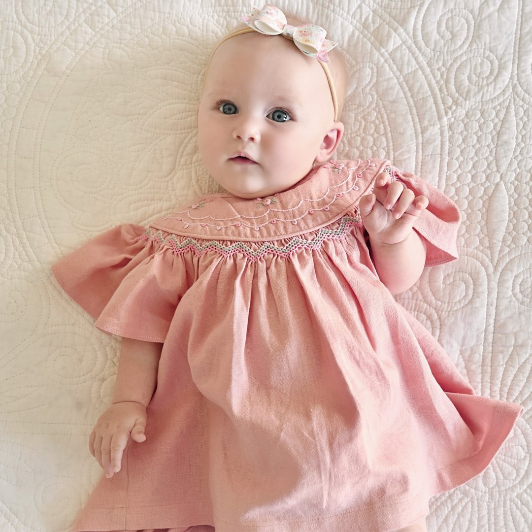 Girls Pink Embroidered Linen Dress