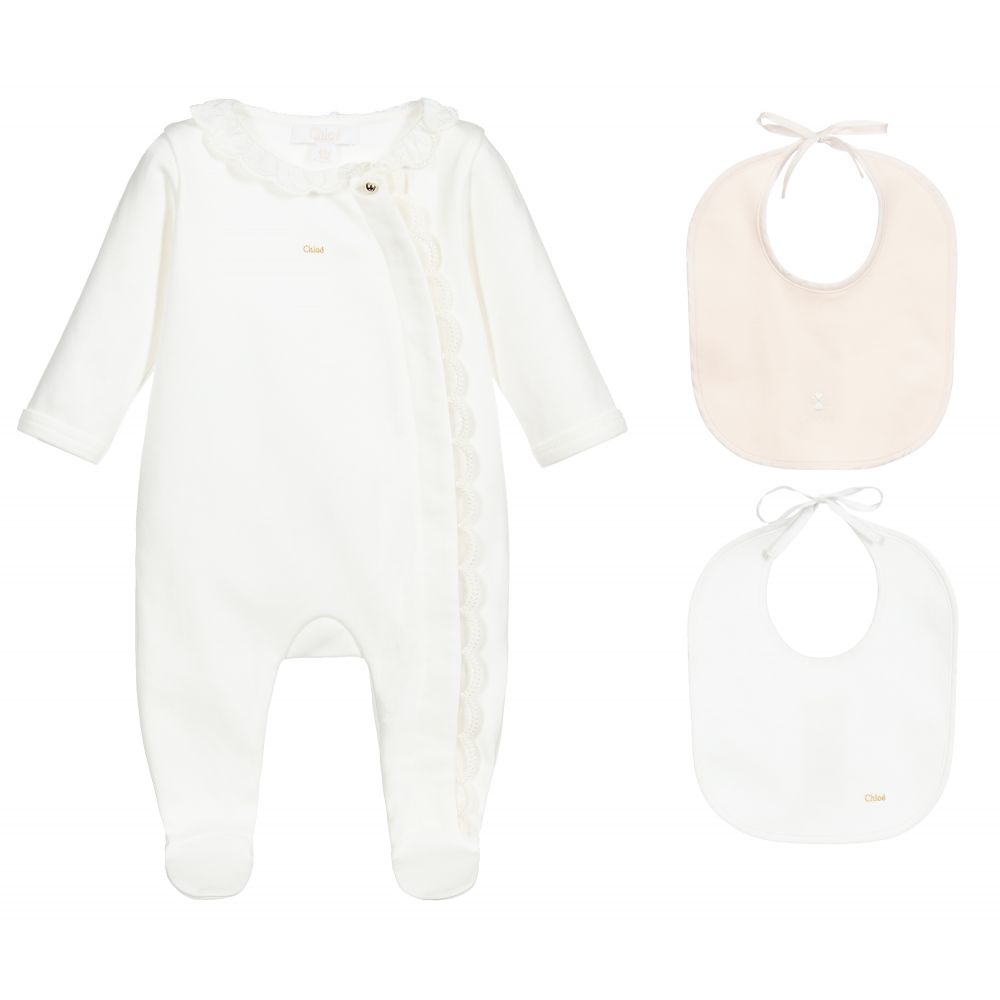 Baby Girls White Cotton Babysuit Set