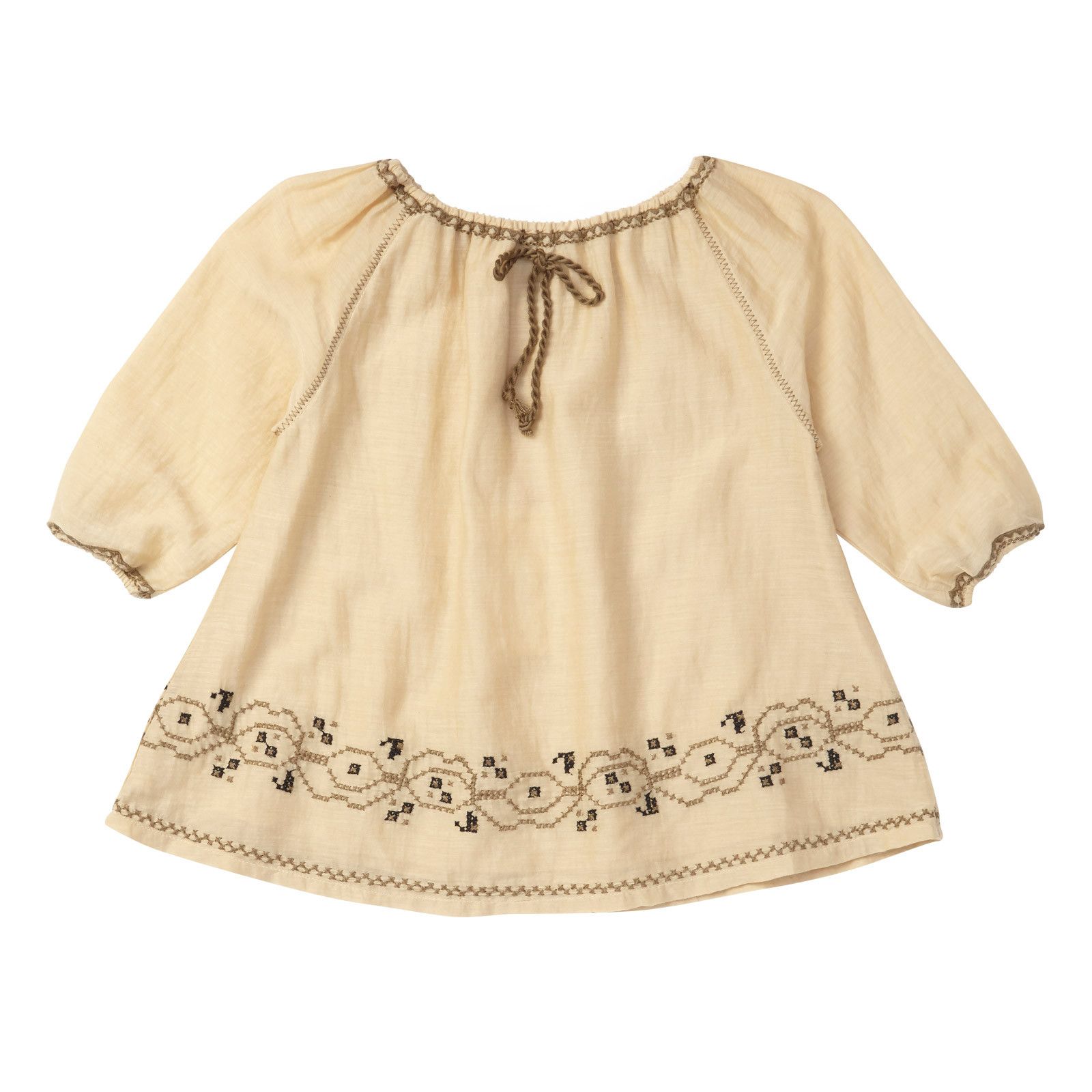 Baby Girls Beige Dress With Khaki Embroidered Trims - CÉMAROSE | Children's Fashion Store