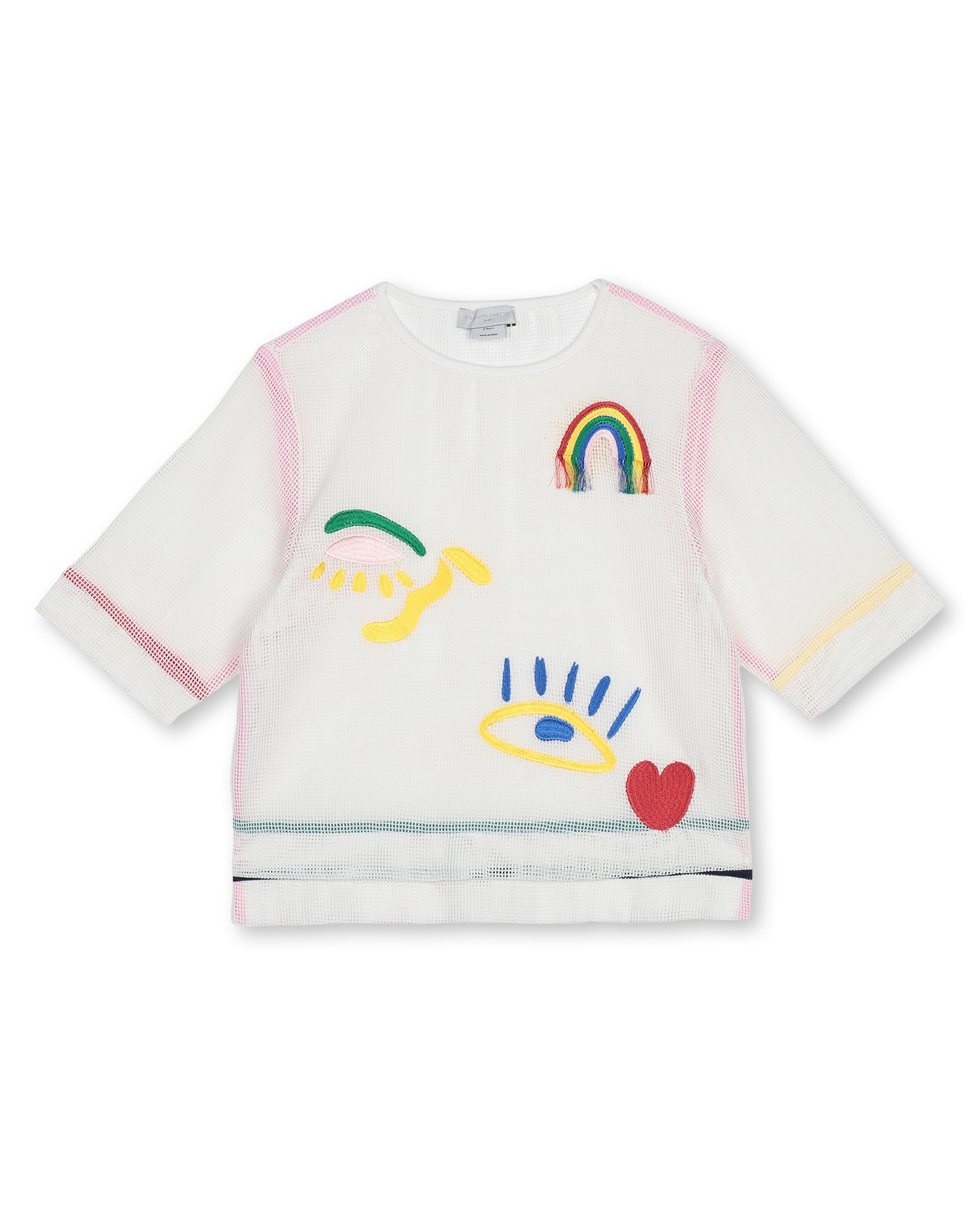 Girls White Mesh Embroidered Cotton T-shirt