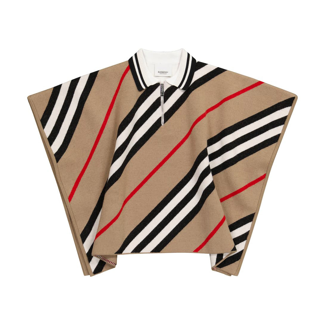 Girls Beige Stripes Wool Cape