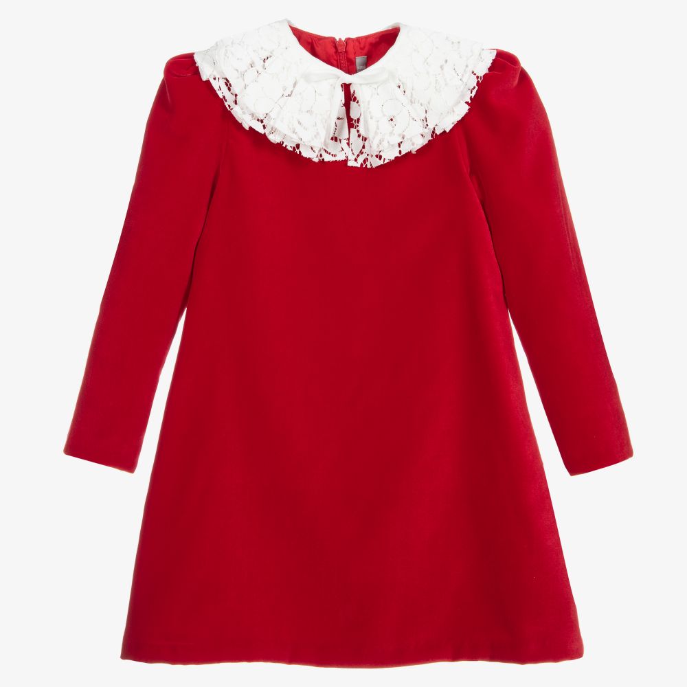 Girls Red Ruffle Collar Velvet Dress