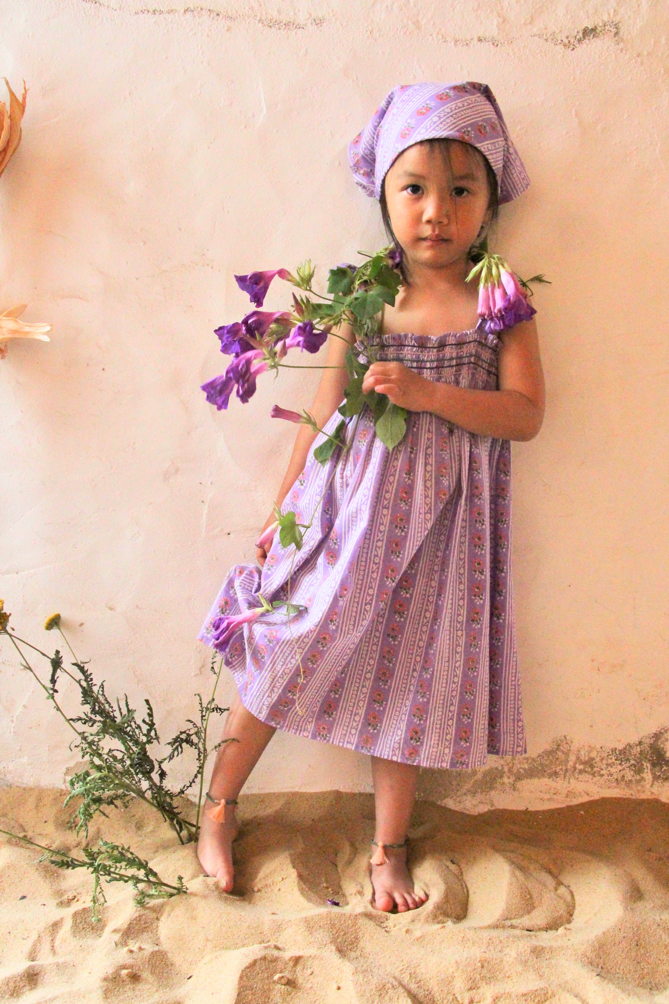 Girls Purple Floral Dress & Scarf Set