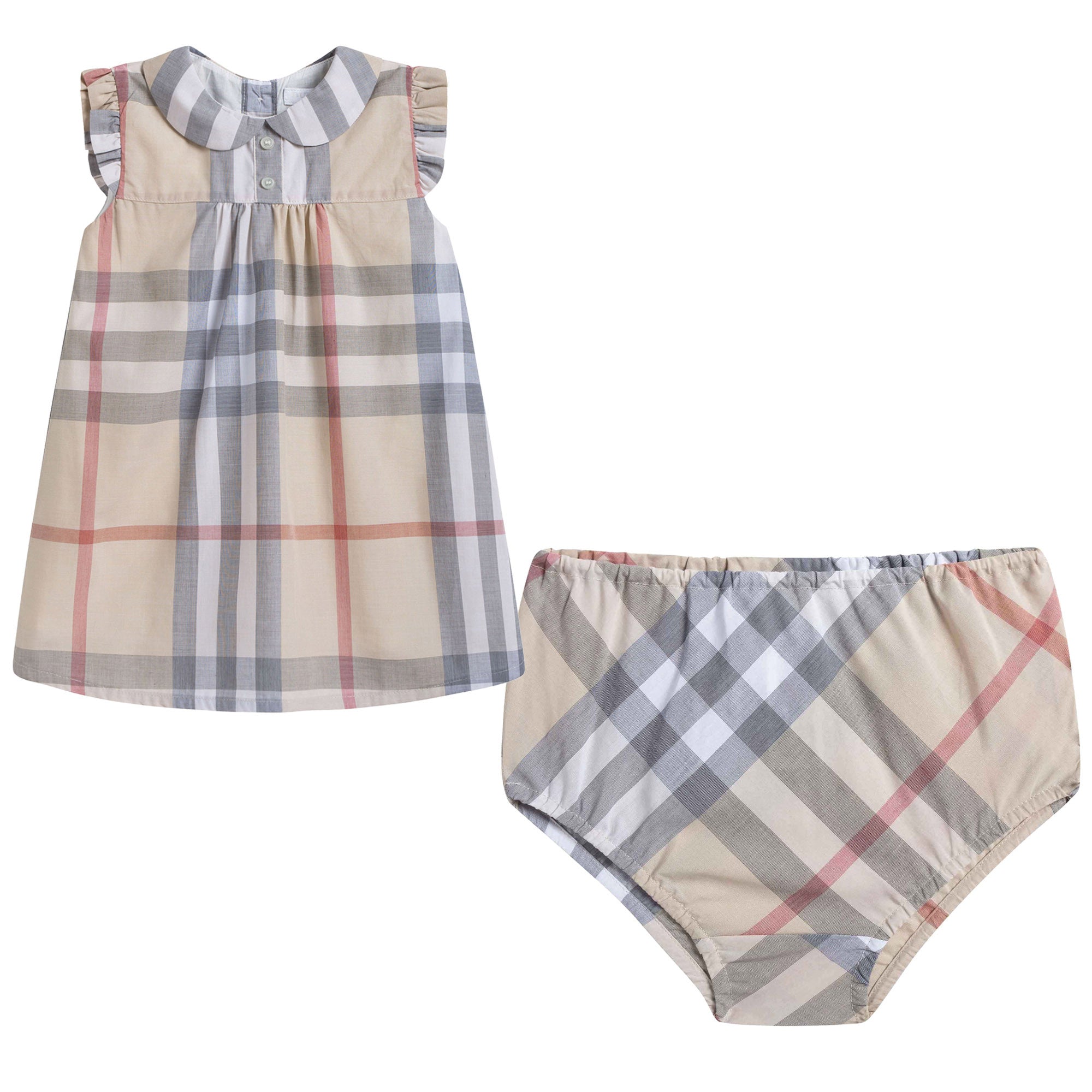 Baby Girls Beige Check Dress With Collar