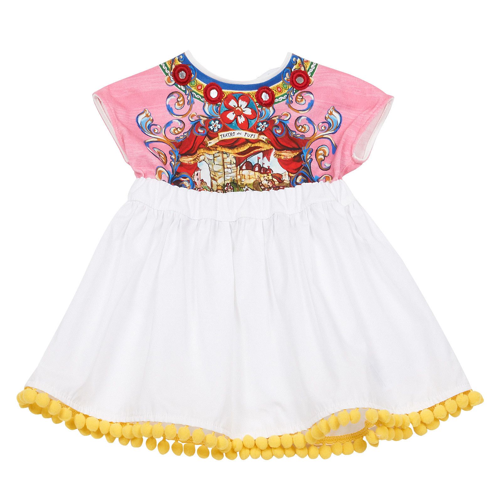 Baby Girls Multicolor Printed Top&White Bottom Dress With Pompon Trims - CÉMAROSE | Children's Fashion Store - 1