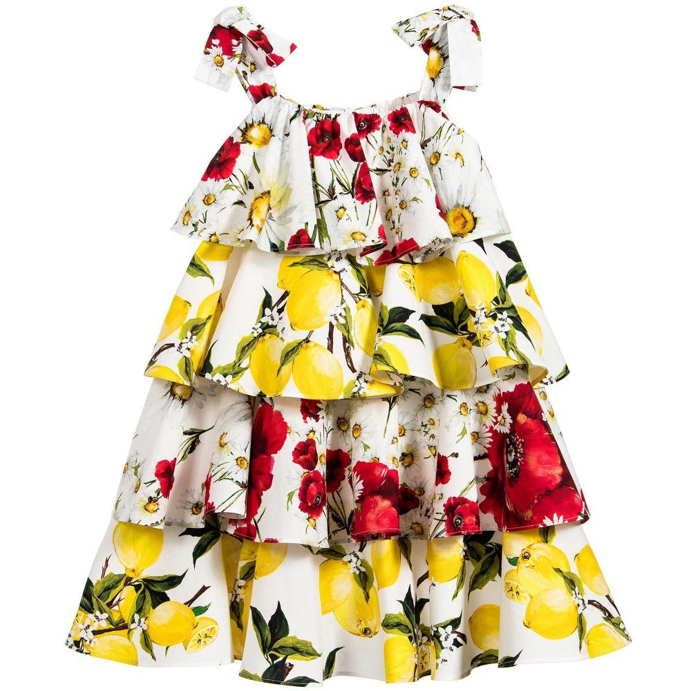 Girls White Cotton Flower&Lemons Printed Ruffled Dress - CÉMAROSE | Children's Fashion Store - 1