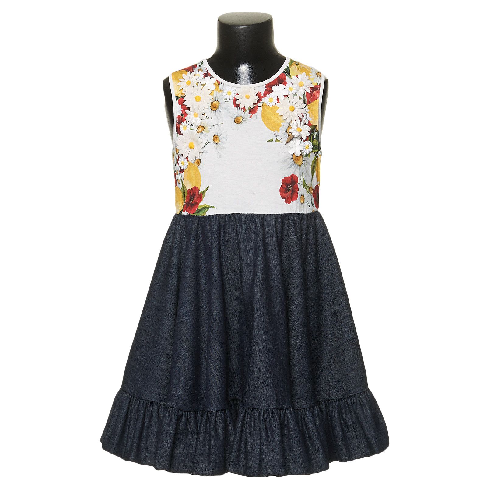 Girls White Top&Black Bottom Flower Printed Dress With Patch Trims - CÉMAROSE | Children's Fashion Store - 1