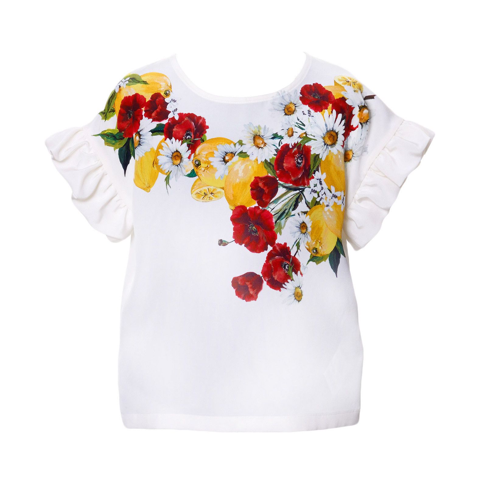 Girls White Silk T-Shirt With Flower&Fruit Print - CÉMAROSE | Children's Fashion Store - 1