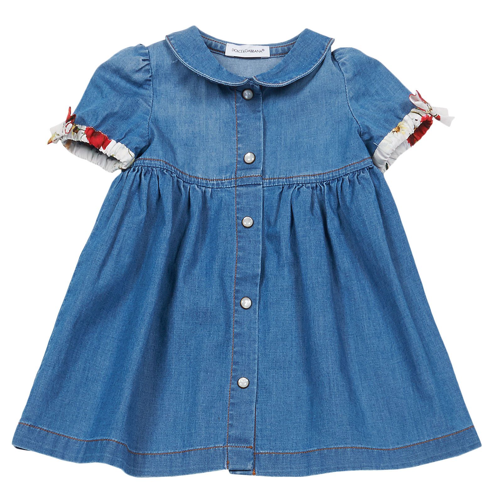 Baby Girls Blue Dress With Flower Print Cuffs - CÉMAROSE | Children's Fashion Store - 1