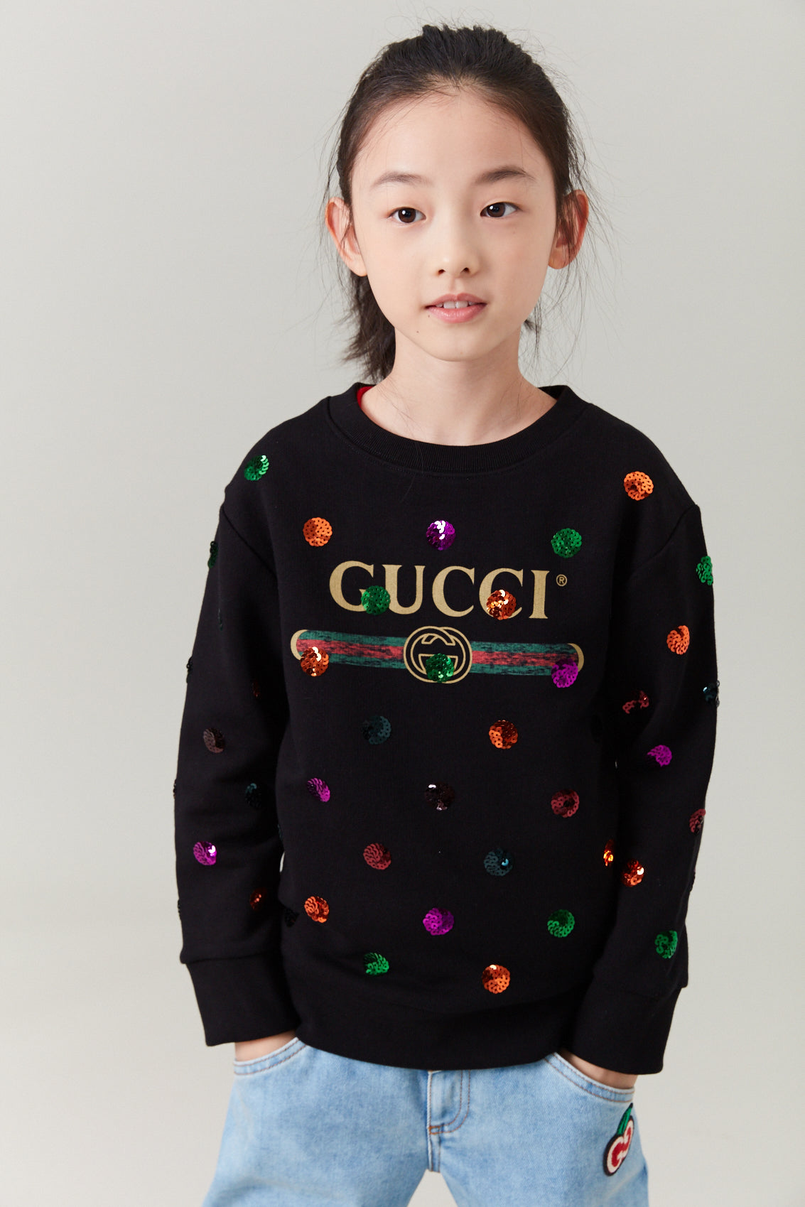 Sweat-shirt noir en coton à logo pour fille