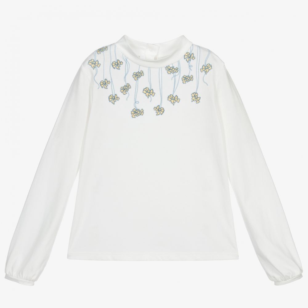 Girls White Embroidered Floral Top