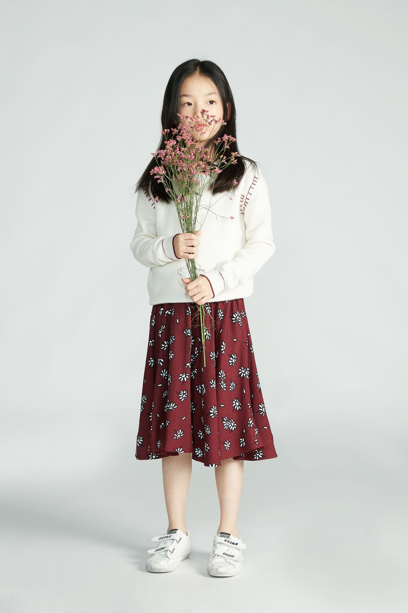 Girls Wine Red Floral Skirt