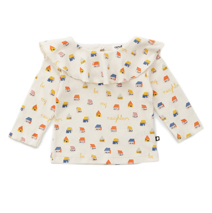 Girls White Ruffle Printed Cotton Top