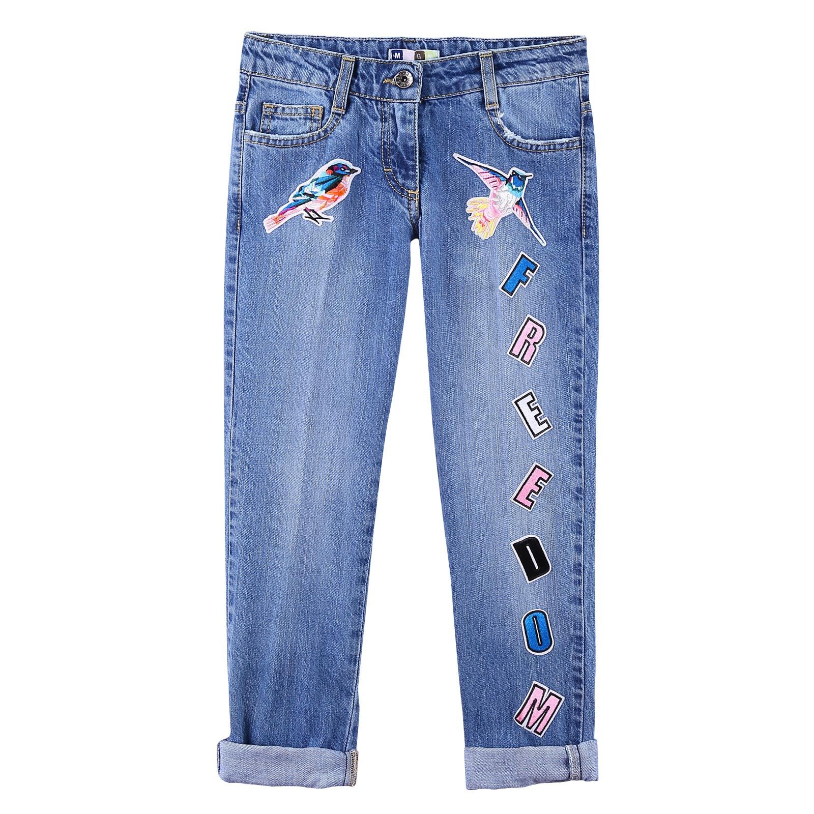 Girls Blue Patch Birds Trims Cotton Denim Jeans - CÉMAROSE | Children's Fashion Store - 1
