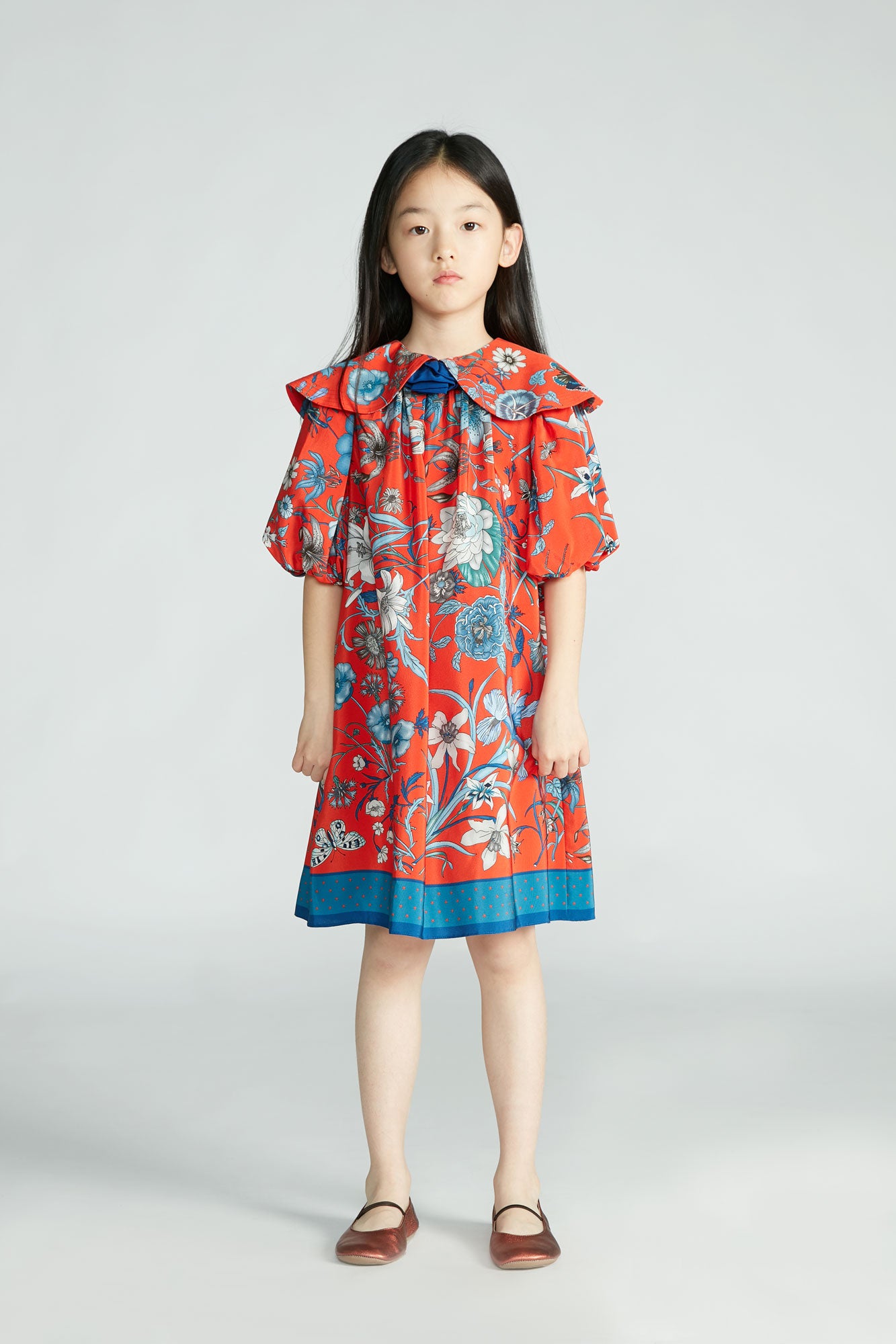 Girls Orange Red & Blue Printed Silk Dress