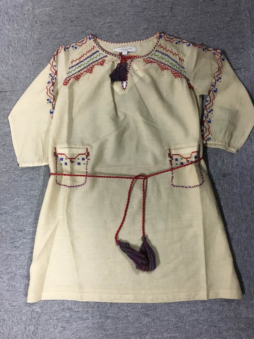 Girls Beige Dress With Red Embroidered Trims - CÉMAROSE | Children's Fashion Store