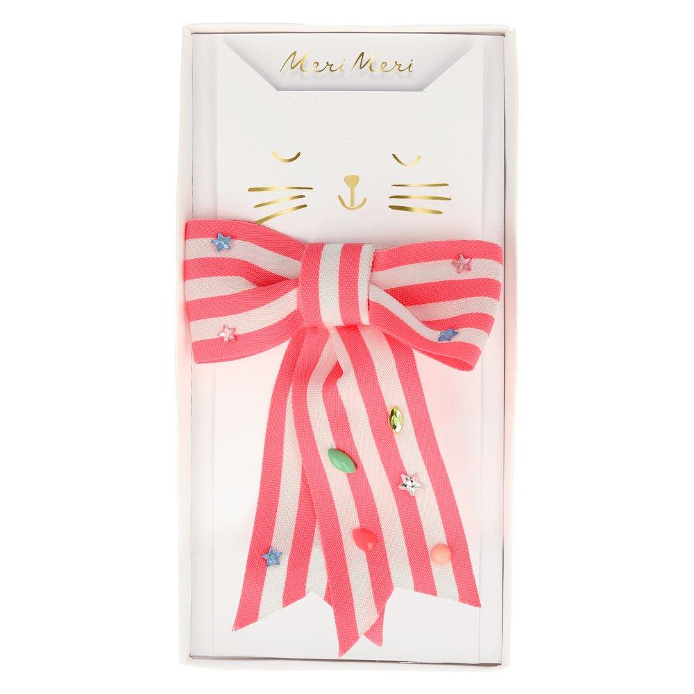Barrette nœud rayée rose