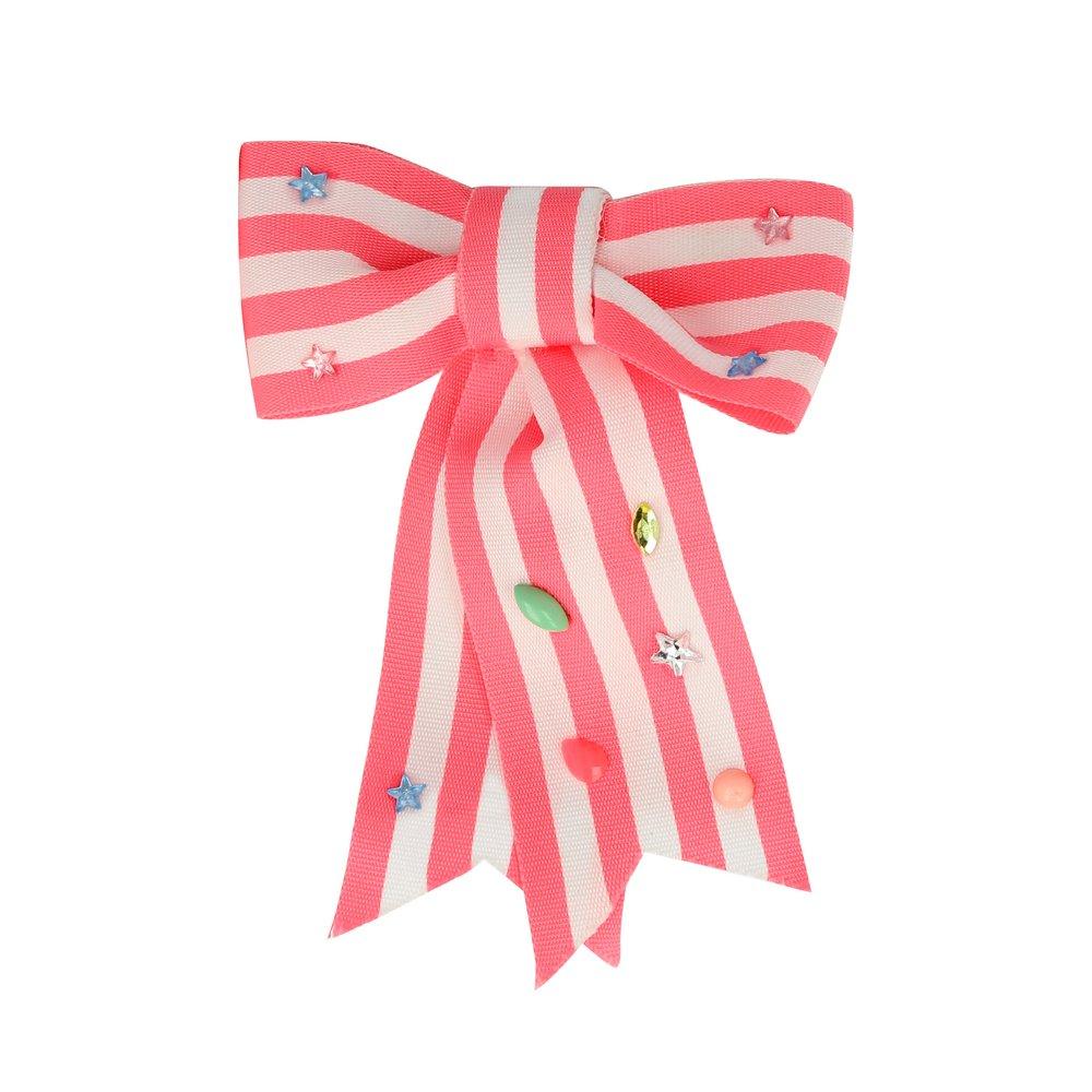 Barrette nœud rayée rose