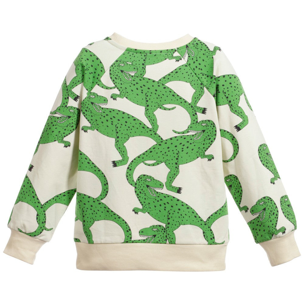 Girls White Cotton Sweatshirt With Green T-Rex Print - CÉMAROSE | Children's Fashion Store - 2